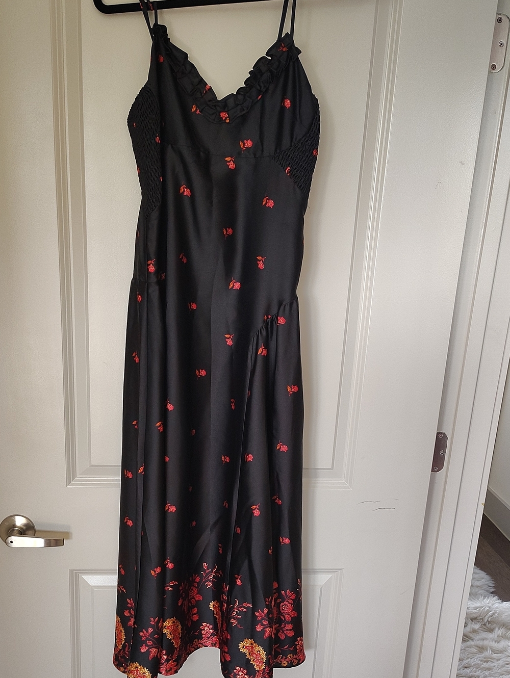 New Free People Black Slip Dress with Red Floral Print